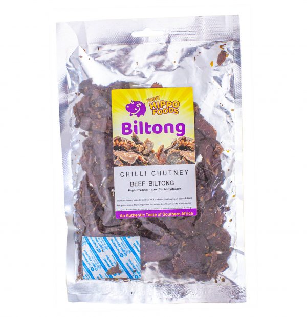 Chilli Chutney Beef Biltong WOW this is a tangy tasty Biltong! Thin slices of prime grass fed beef marinated in a unique blend of imported South African spices, chilli powder and a special addition of Mrs. Balls Chilli Chutney. These sweet hot flavours will excite any palate and although we add Chilli Chutney to this Biltong it still retains all the beefy flavour associated with great biltong. Prepare your taste buds for a real treat!